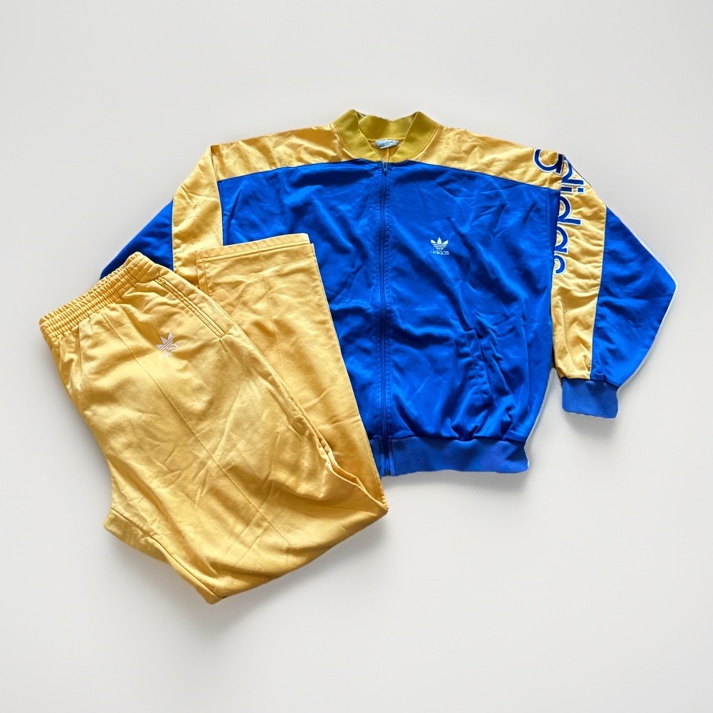 Vintage Adidas Track Suit Mens XL Blue Yellow Spellout Logo Trefoil 80s